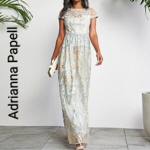 ADRIANNA  PAPELL LIKE NEW METALLIC LIGHT BLUE/SILVER LACE COLUMN GOWN SIZE 8